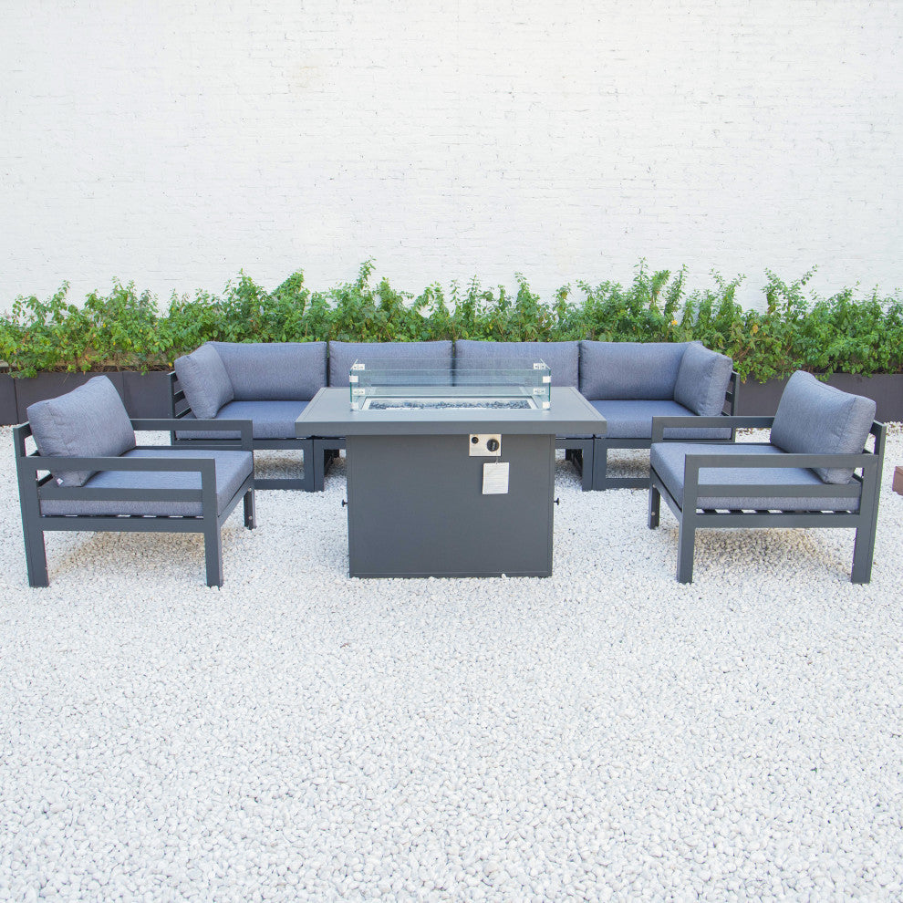 LeisureMod Chelsea 7-Piece Outdoor Sectional With Fire Pit Table, Blue