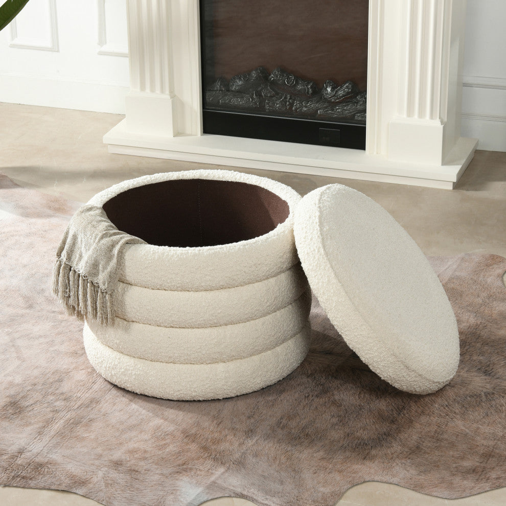 Fuji 19" Oversized Horizontal Tufted Round Storage Ottoman, Ivory White Boucle