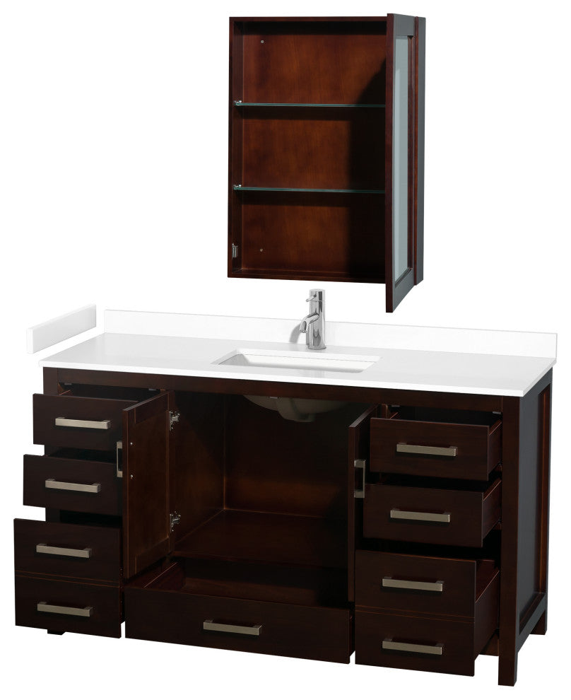 60"SGL Vanity Espresso, White Cult. Marble Countertop, Sink, Med. Cabinet