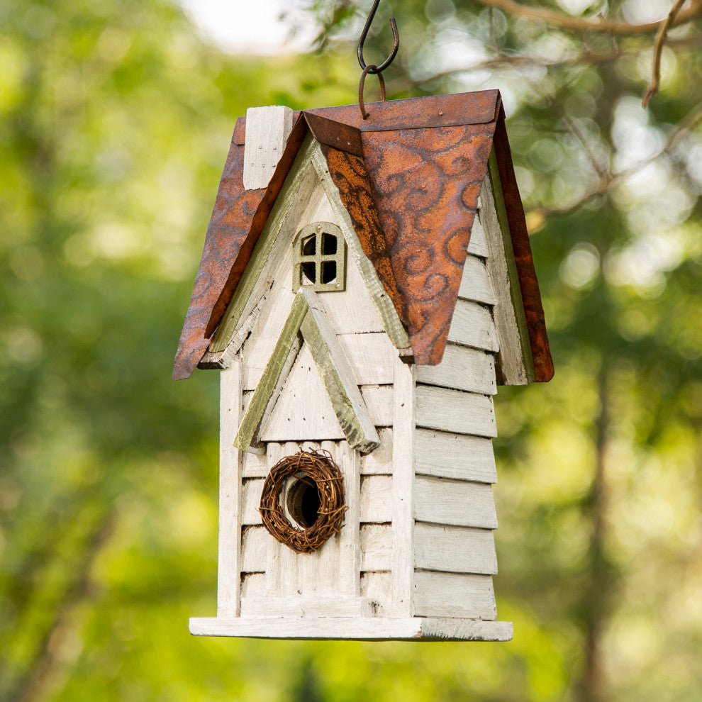 12"H Washed White Distressed Solid Wood Cottage Birdhouse