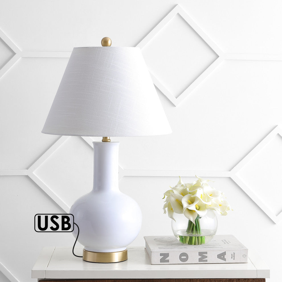 Han 27" Ceramic Contemporary USB Charging LED Table Lamp, White