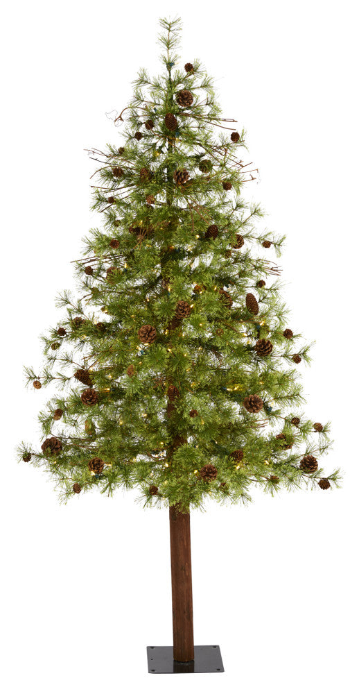 6' Wyoming Alpine Faux Xmas Tree W/ Clear Lights & Pine Cones on Natural Trunk