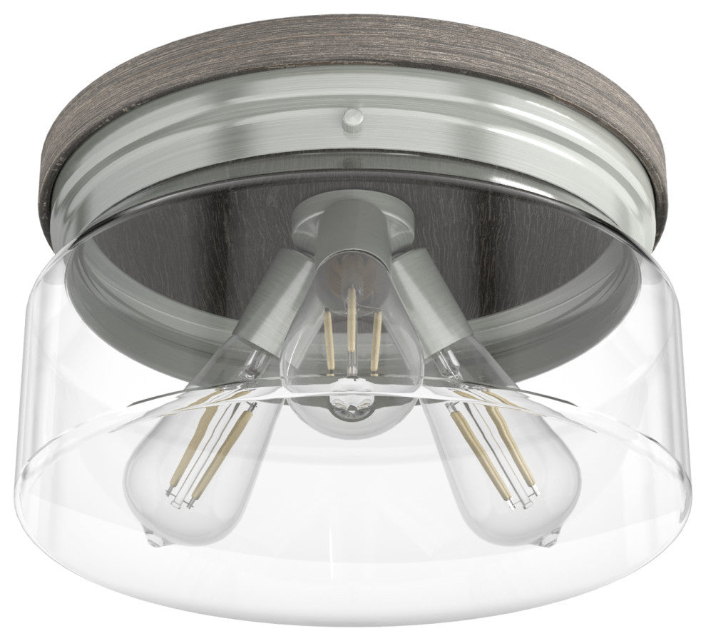 Hunter Devon Park Brushed Nickel and Grey Wood 3 Light Flush Mount Ceiling Light