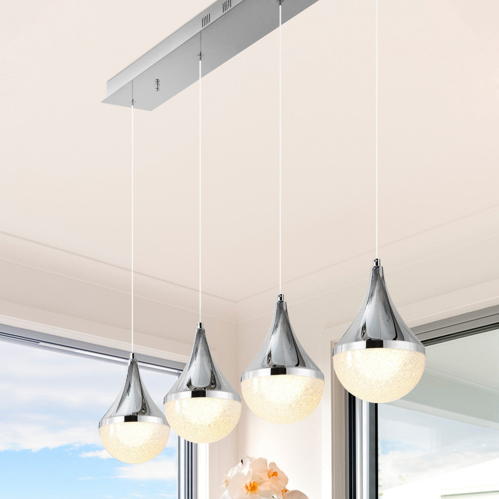 Elyse Teardrop 3-Light Iron/Acrylic Linear Pendant, Chrome/White, Width: 47"