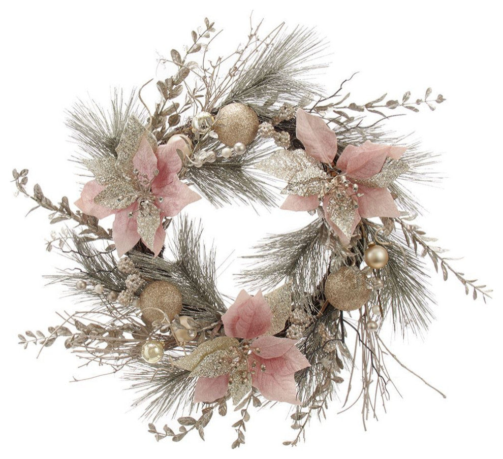 Kurt Adler 20" Champagne and Gold Wreath with Pink Poinsettias and Ornaments