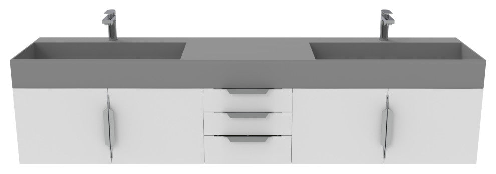 CastelloUSA Amazon 84" Wall Mounted Bathroom Vanity Set, White, Gray Top, Brushed Nickel