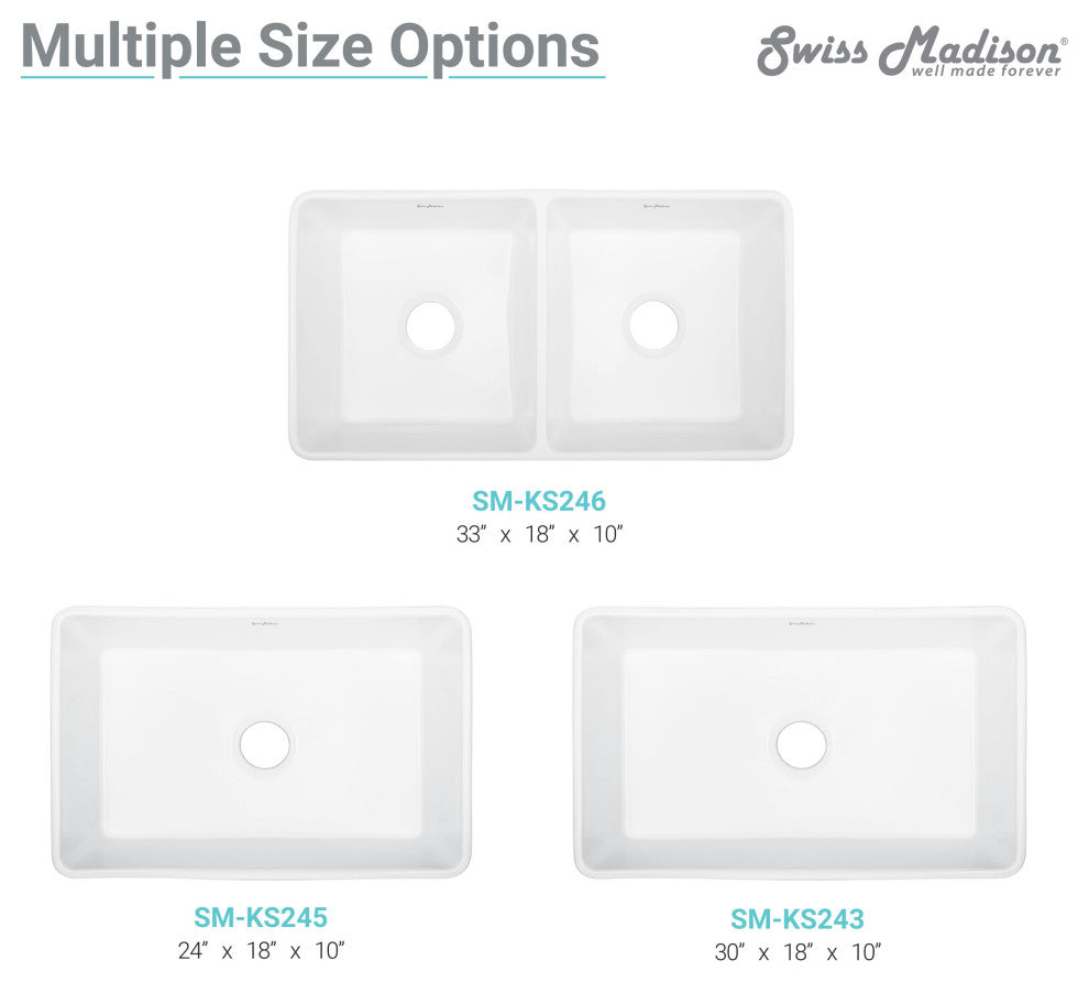 Delice 30"x18" Ceramic, Farmhouse Kitchen Sink With Apron