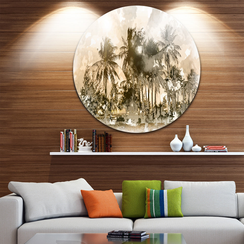 Dark Palms At Sunset, Landscape Round Metal Wall Art, 36"