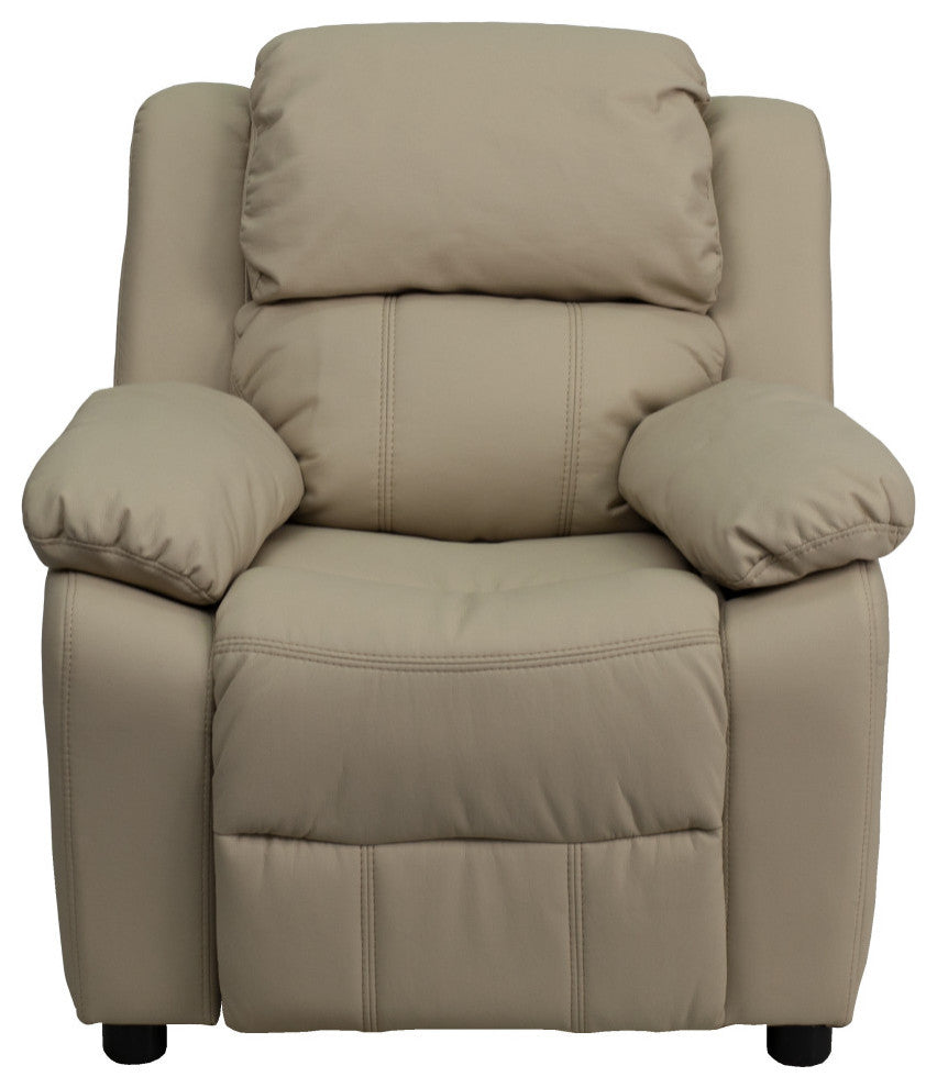 Deluxe Padded Contemporary Beige Vinyl Kids Recliner With Storage Arms