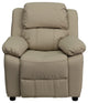 Deluxe Padded Contemporary Beige Vinyl Kids Recliner With Storage Arms