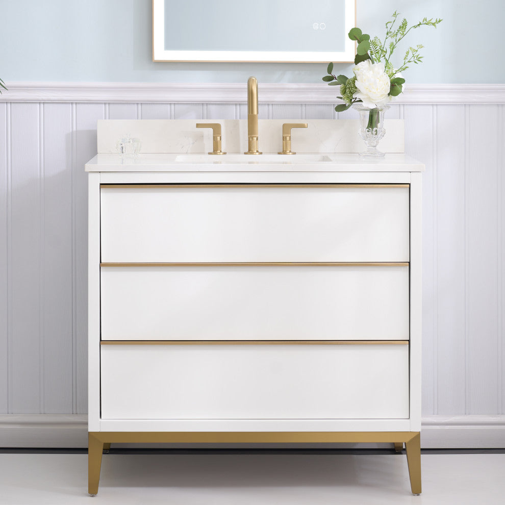 Nolan Freestanding Bathroom Vanity with Quartz Top, White, 36"