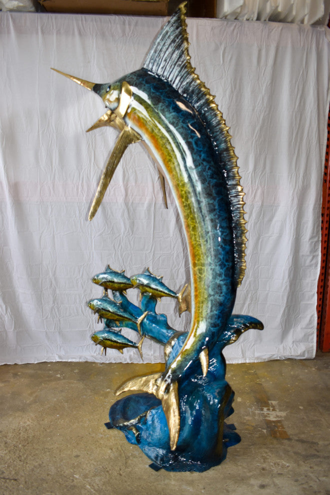 Giant Colored Marlin Fish W 4 Jack Fish Bronze Statue Fountain 85" x 30" x 90"