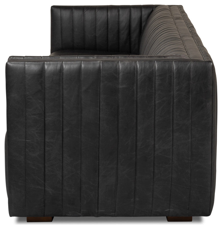 Everett Sofa Modern Channel Tufted Black Leather Couch
