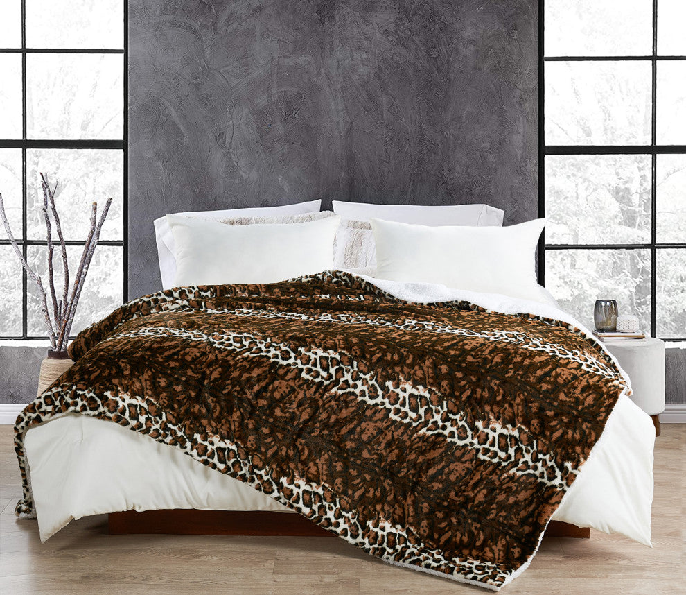 Leopard Faux Fur and Sherpa Blanket, Queen