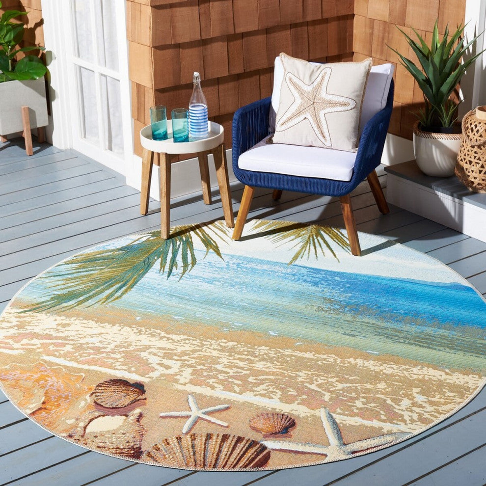 Safavieh Barbados Collection Indoor-Outdoor BAR555 Rug, Gold/Blue, 8' Round