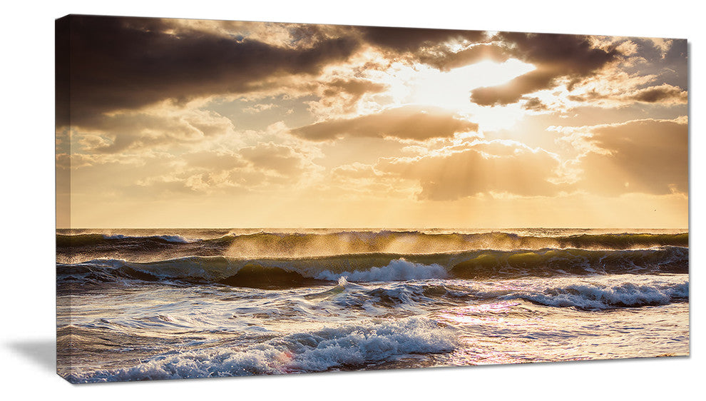 "Sunrise And Roaring Blue Sea Waves" Beach Canvas Wall Art, 40"x20"