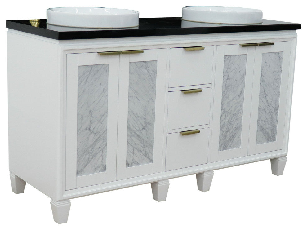61" Double Sink Vanity, White Finish With Black Galaxy Granite And Round Sink
