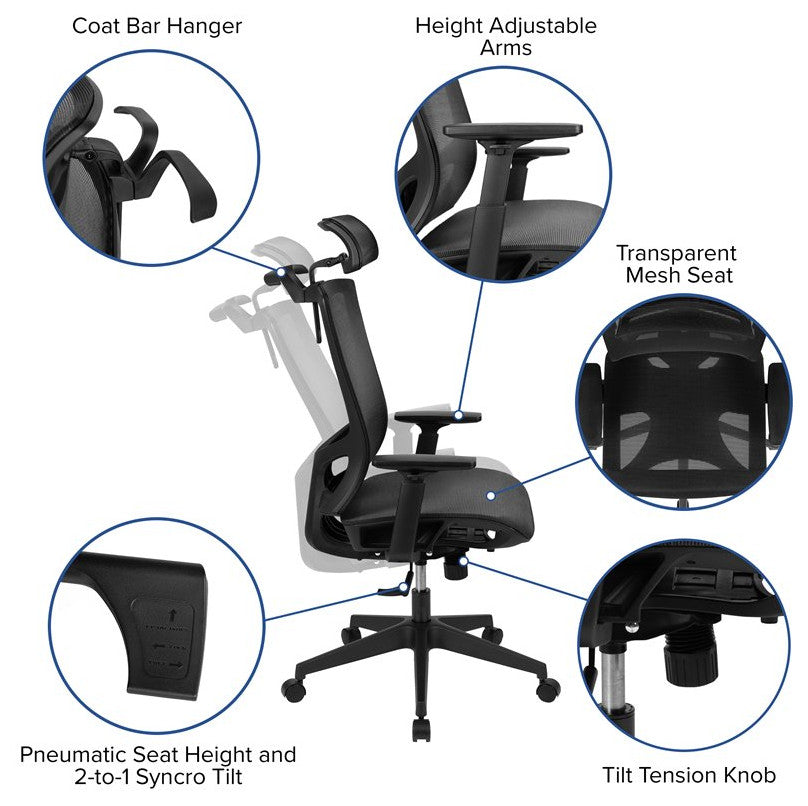 Ergonomic Mesh Chair, Lumbar Support, Coat Hanger and Adjustable Arms, Black