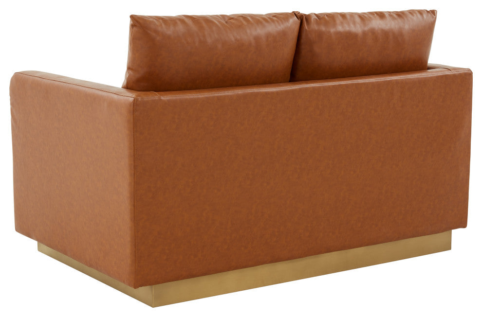 LeisureMod Nervo Modern Leather Loveseat With Gold Base, Cognac Tan