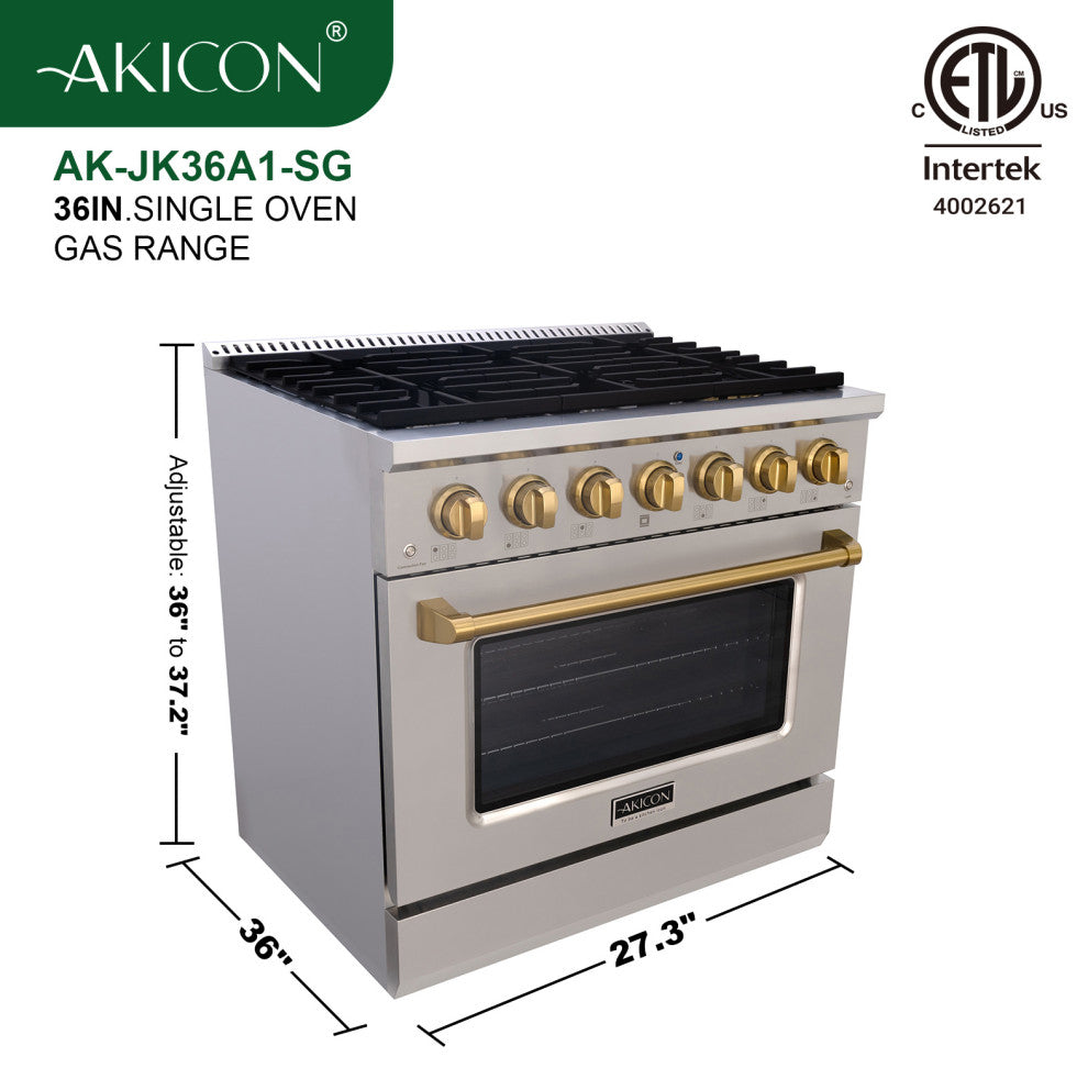 36" Slide-in Freestanding Gas Range & 5.2 Cu. Ft. Oven,6 Burners.Stainless Steel, Stainless Steel & Gold, 36"