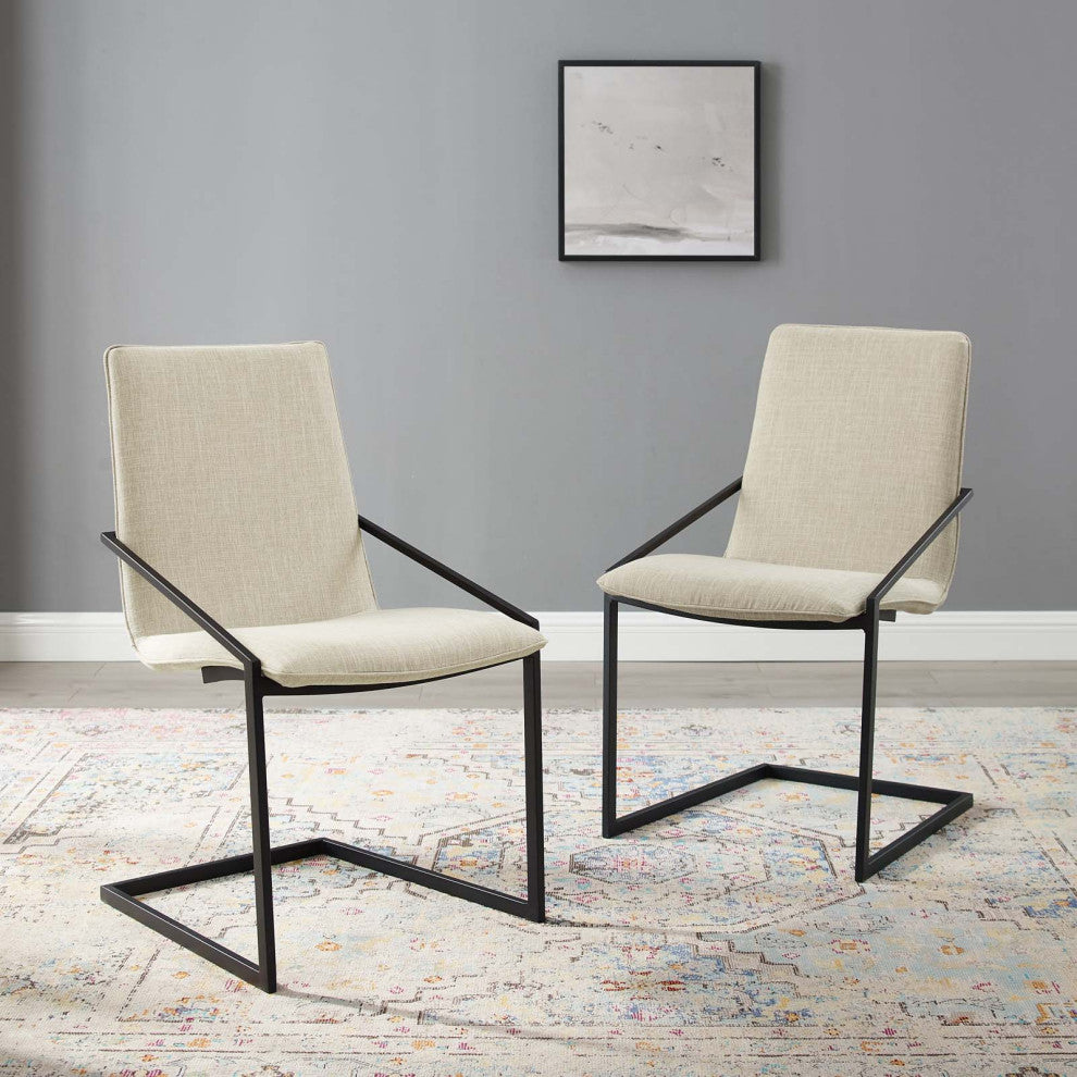 Side Dining Chair, Set of 2, Fabric, Metal, Black Beige, Cafe Bistro Restaurant