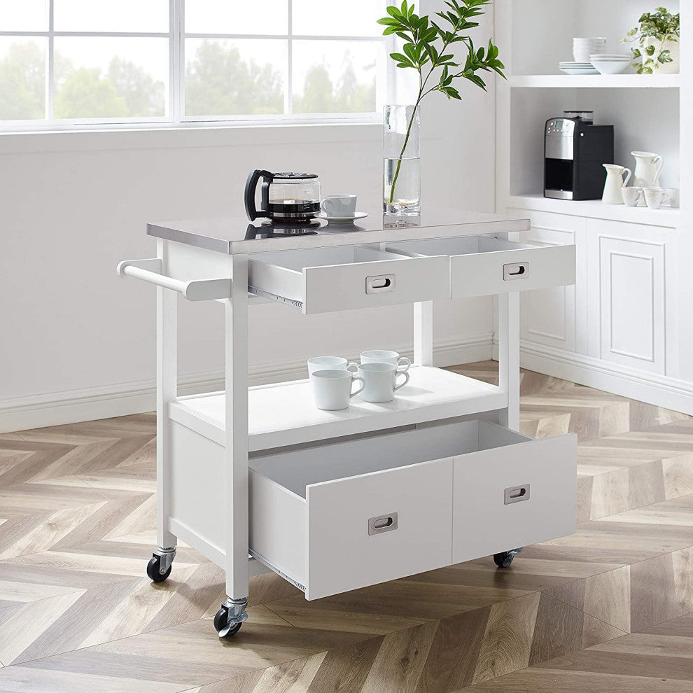 Modern Kitchen Cart, Stainless Steel Top and Spacious Drawer, Glossy White