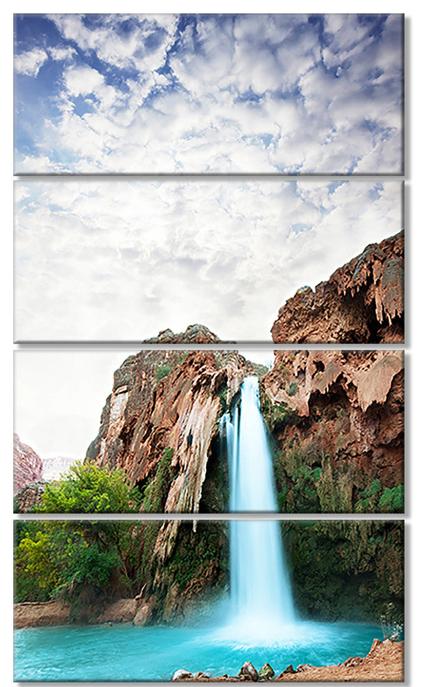 Amazing Waterfall under Cloudy Sky, Landscape Canvas Art, 28"x48", 4 Panels