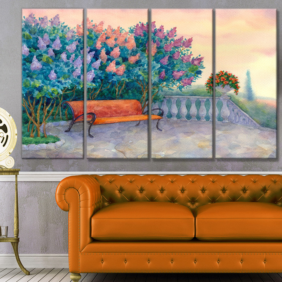 Bench under Flowering Lilac, Landscape Canvas Art Print, 48"x28", 4 Panels