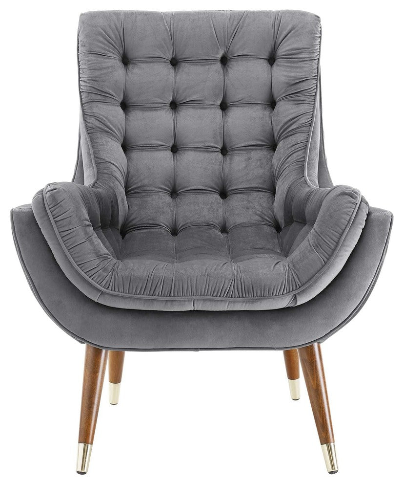 Suggest Button Tufted Upholstered Velvet Lounge Chair, Gray