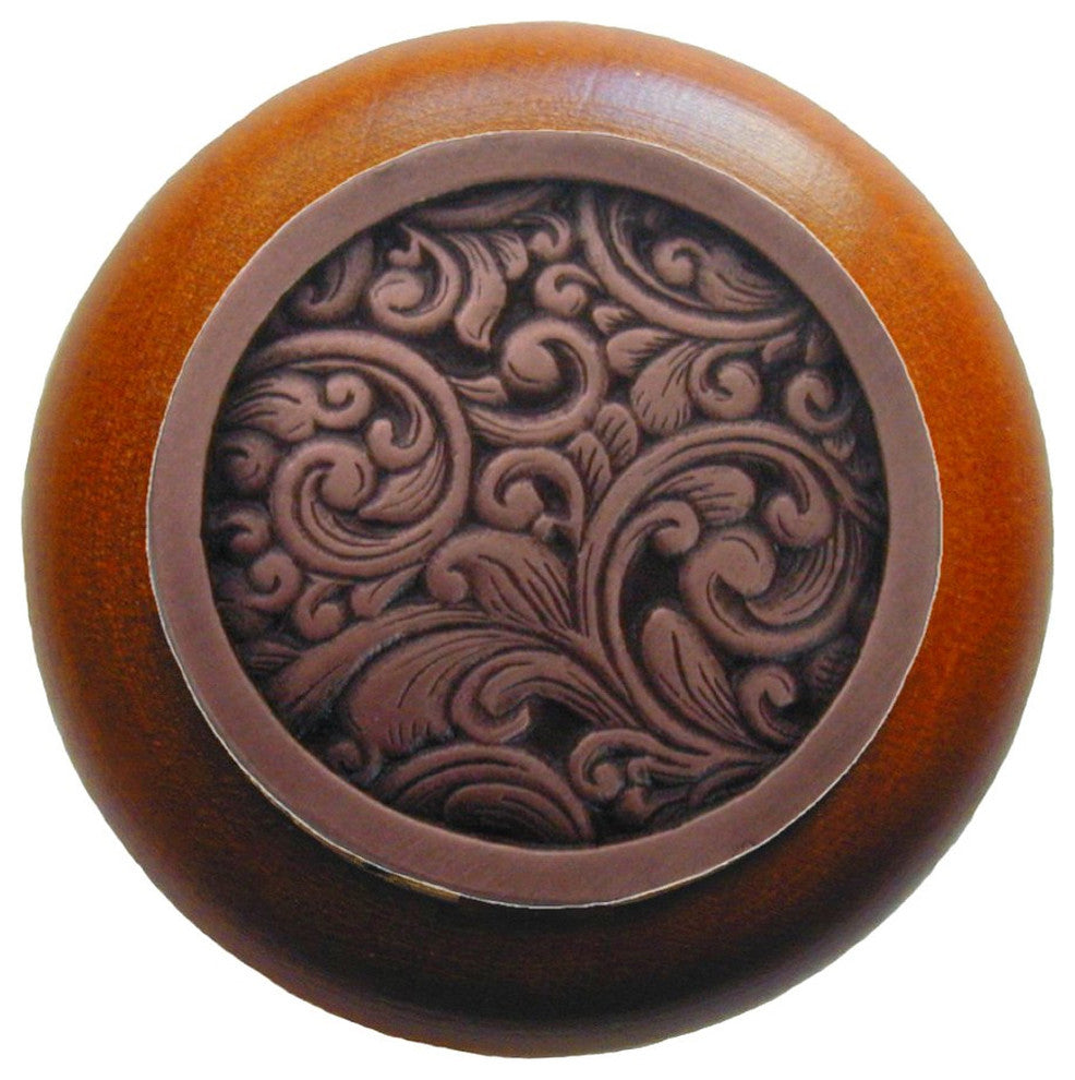 Saddleworth Wood Knob, Antique Brass, Cherry Wood Finish, Antique Copper