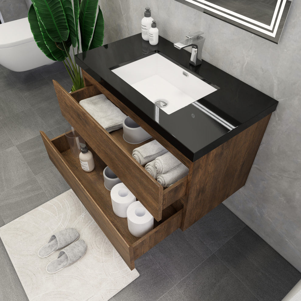 Belli 36" Wall Mounted Single Bathroom Vanity Set, Rosewood, Matt Black Top