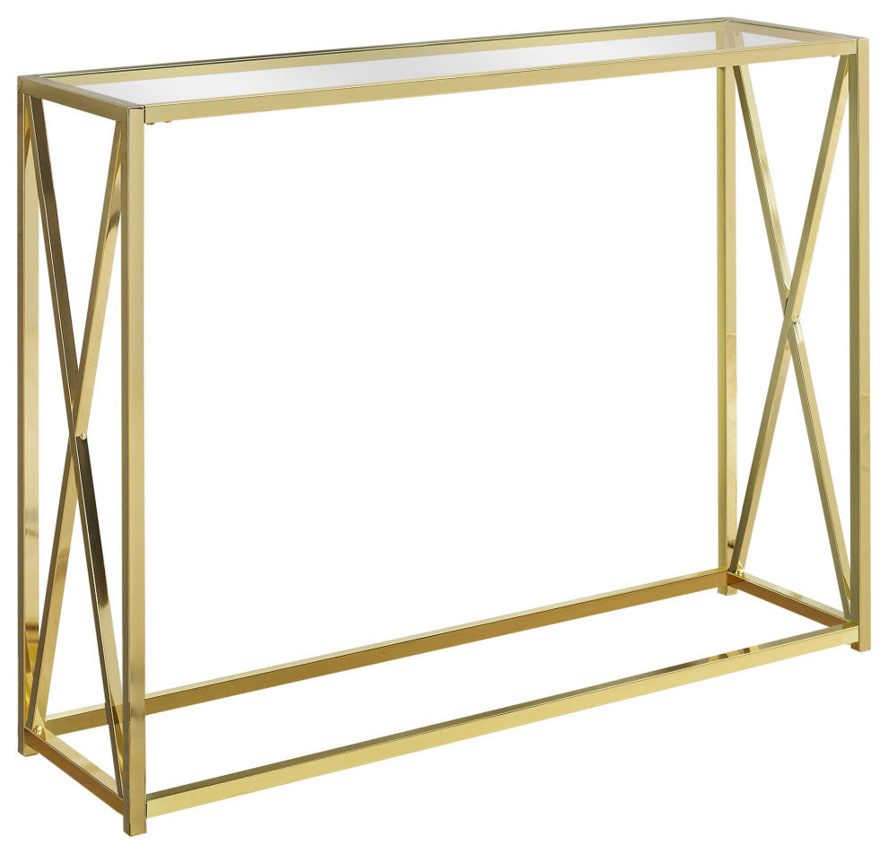12" X 42.25" X 32.25" Gold Clear Metal Tempered Glass Accent Table
