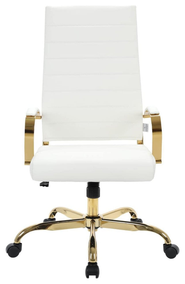 LeisureMod Benmar High-Back Leather Office Chair With Gold Frame White