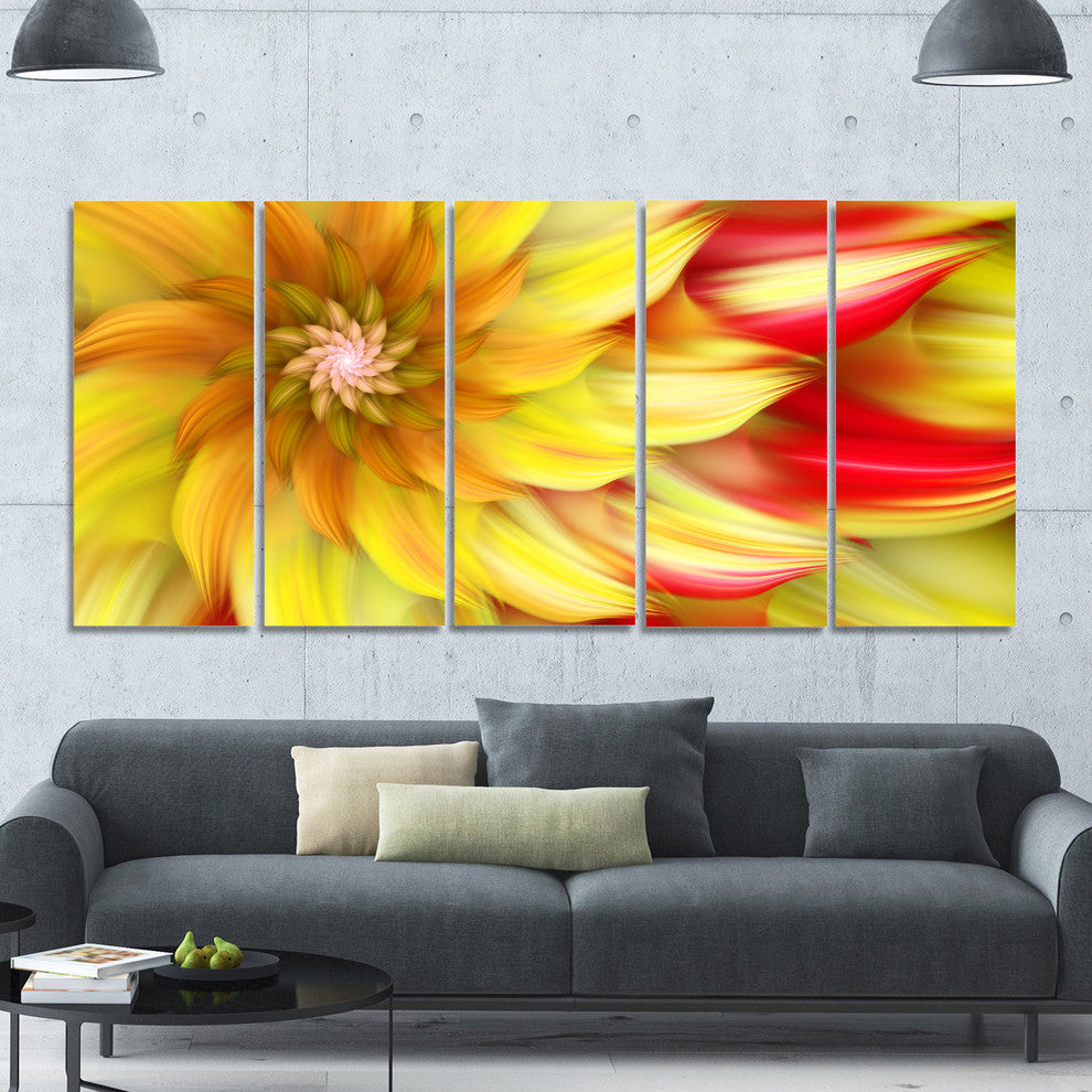 Rotating Yellow Red Fractal Flower, Floral Canvas Art Print, 60"x28", 5 Panels
