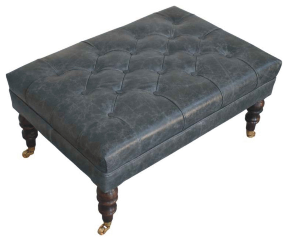 Ottoman Upholstered Buffalo Teal Leather With Castor Legs Artisan Furniture