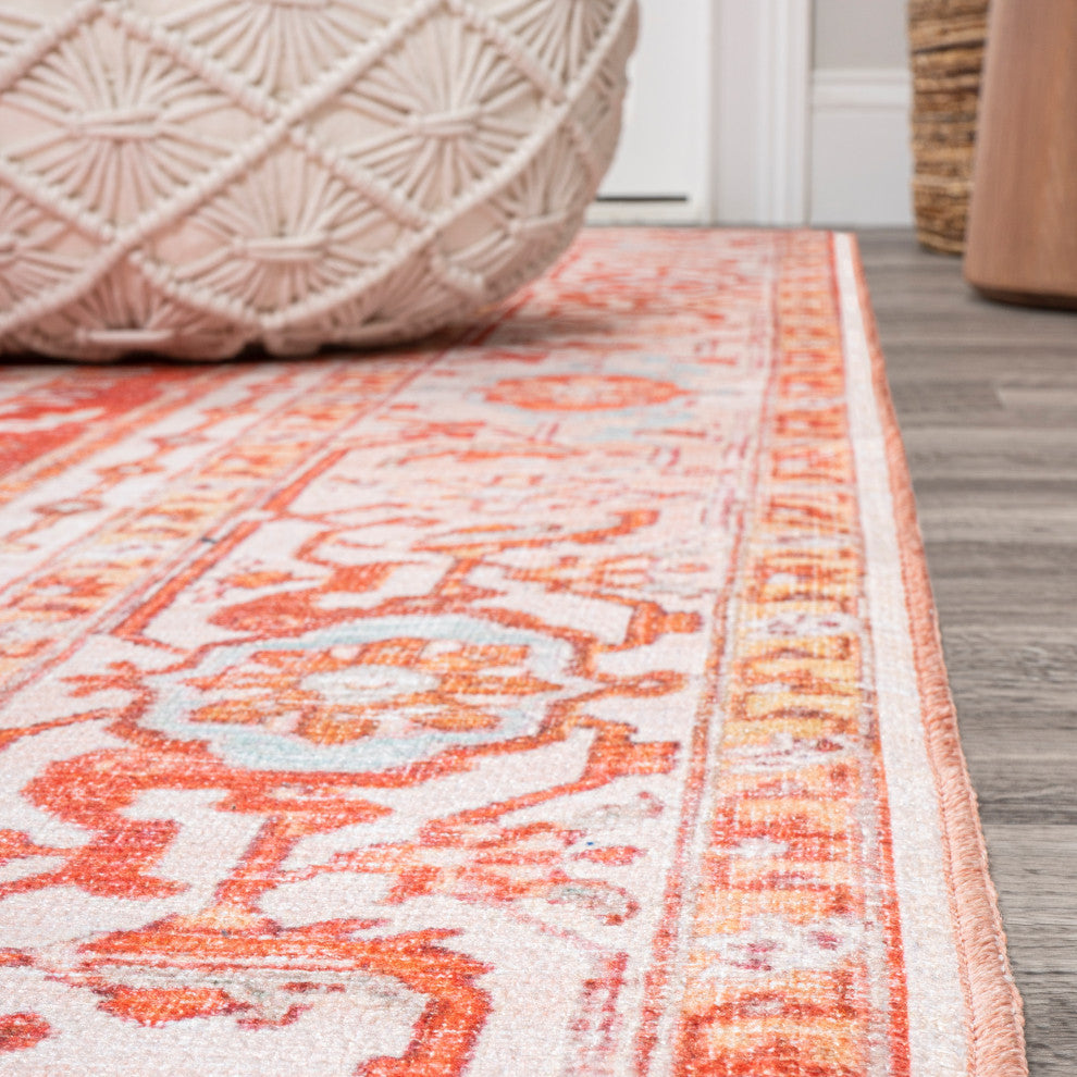Asa Ornate Medallion Machine Washable Indoor Area Rug, Orange/Cream, 2 X 8