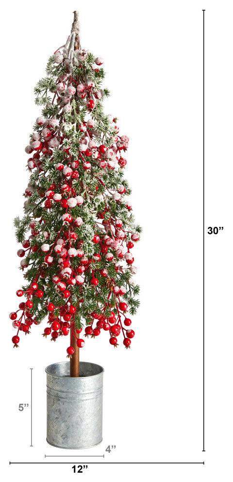 30" Flocked Berry Artificial Christmas Tree, Decorative Planter