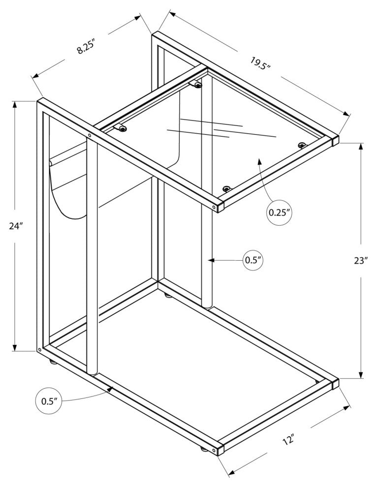 HomeRoots 19.5" x 12" x 24" Chrome Tempered Glass Leather Look Accent Table