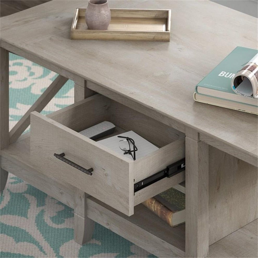 Bush Furniture Key West Coffee Table with Set of 2 End Tables in Washed Gray