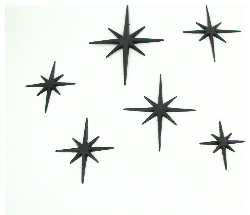 Set of 6 Black Cast Iron Starburst Wall Hangings Mid Century 8 Pointed Stars