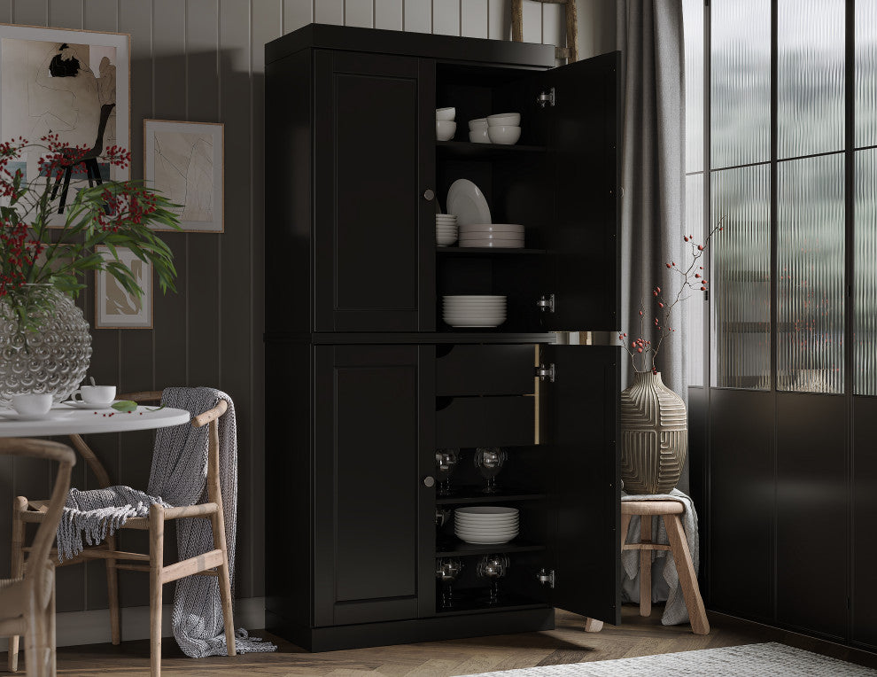 100% Solid Wood 32" Kitchen Pantry with Solid Doors, 2-Drawers, Black