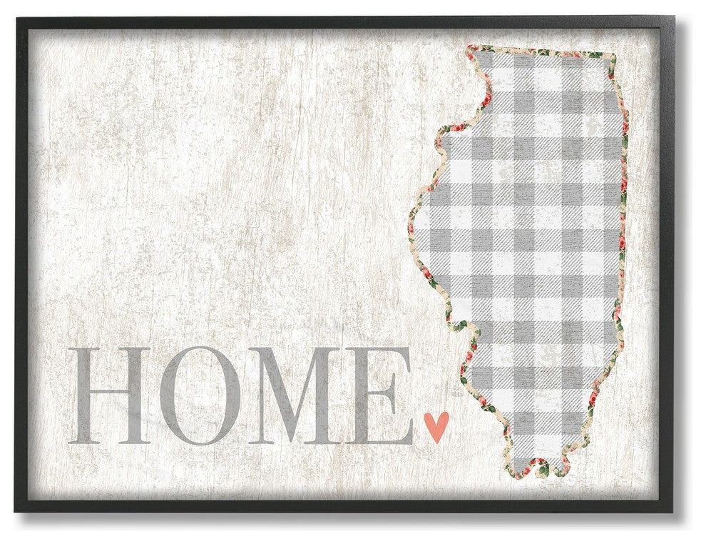 Illinois Gray Gingham & Floral Heart & Home Framed Giclee Art, 16"x20"