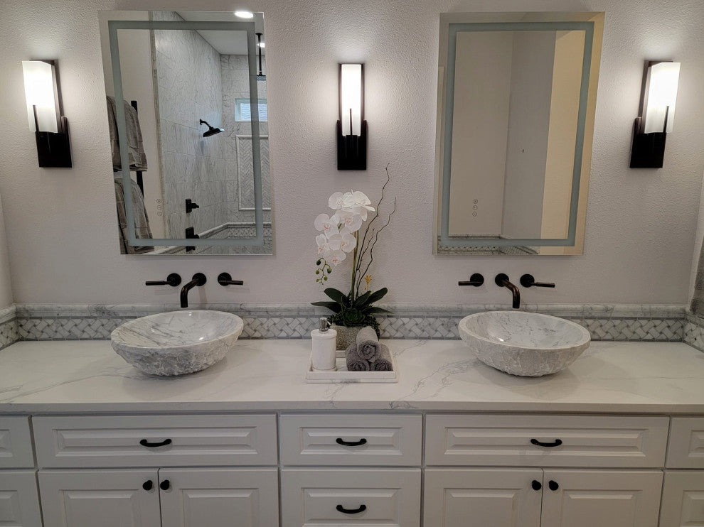 Natural Carrara White Marble Chiseled Stone Vessel Sink and Drain, Oil Rubbed Bronze