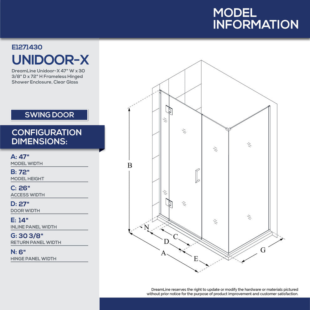 Dreamline Unidoor-X 47"x30.375"x72" Hinged Shower Enclosure