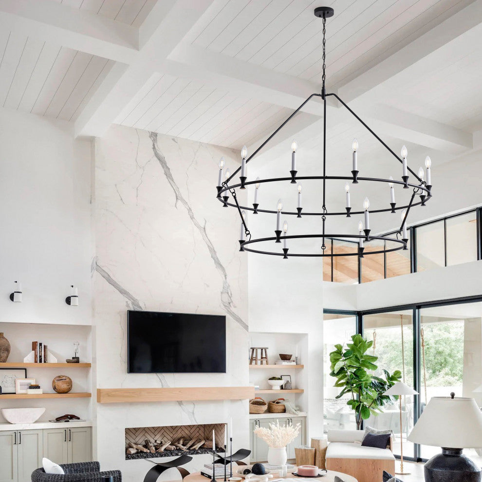 Farmhouse Black 2-Tier Wagon Wheel 18-Light Candle Chandelier