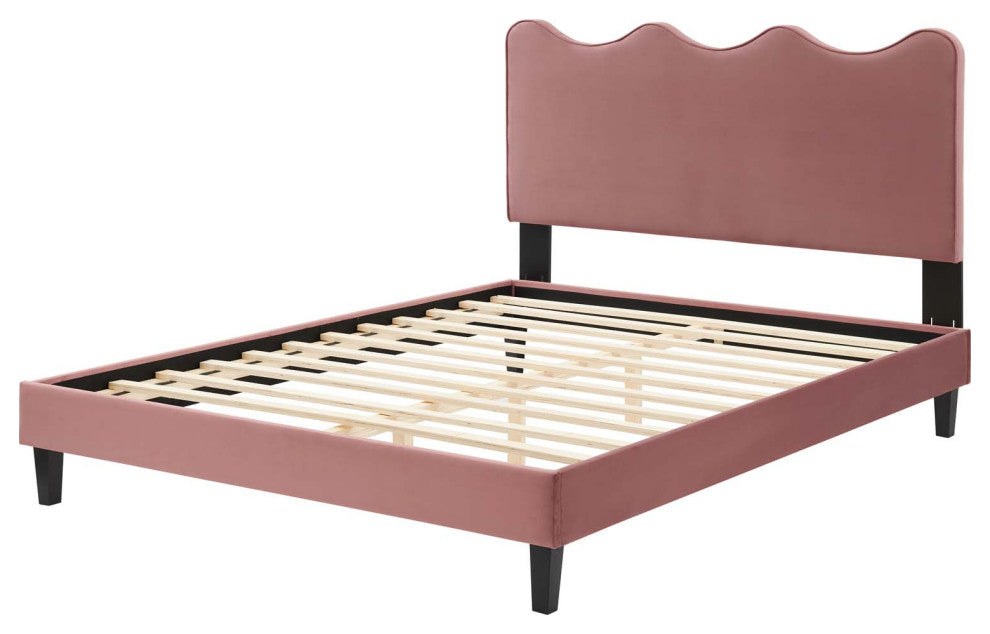 Platform Bed Frame, King Size, Pink, Velvet, Modern, Bedroom Master Guest Suite