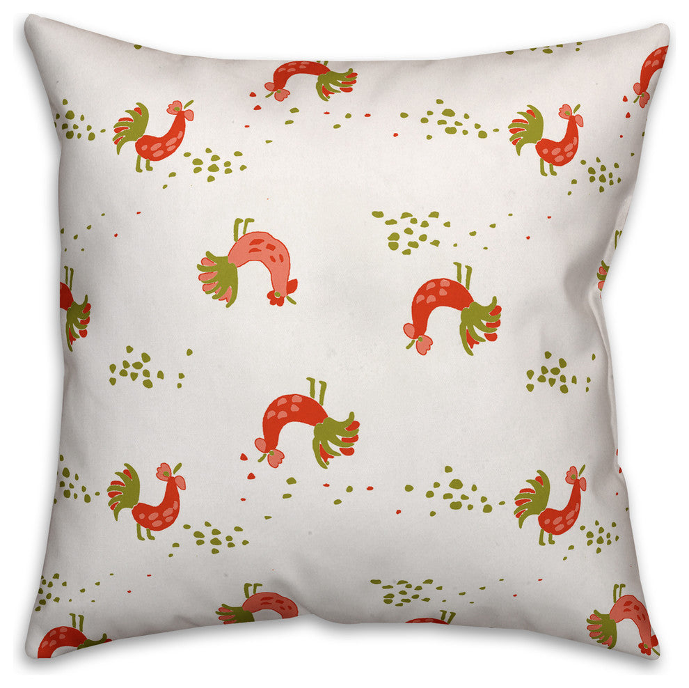Rooster Pattern, Red and Green Outdoor Throw Pillow, 18"x18"