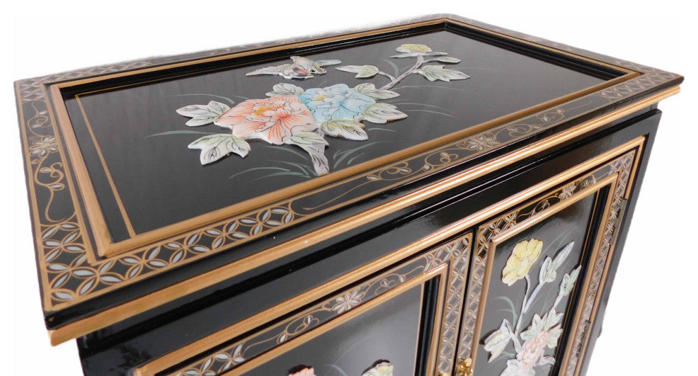 Black Lacquer Lingerie Cabinet With Bird and Flower Mother of Pearl Design, 24"
