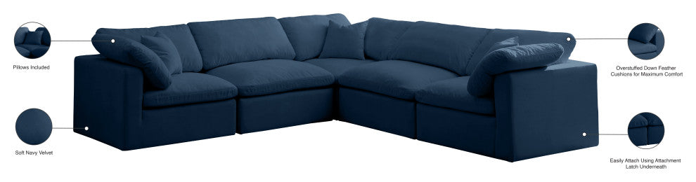 Plush Velvet / Down Standard Comfort L-Shaped Modular Sectional, Navy, 5-Piece: 2 Armless Chair, 3 Corner Chair