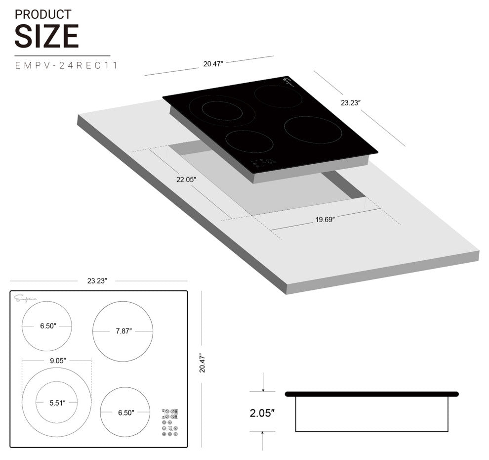 Built-in 24" 4 Elements Smooth Surface, Radiant Black Electric Cooktop
